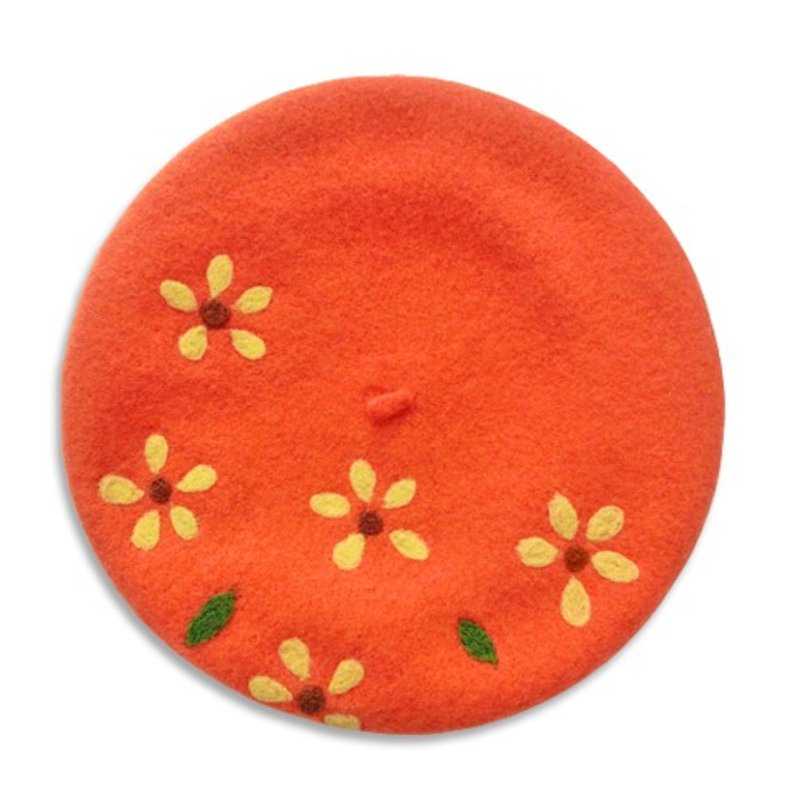 Handmade wool felt hat orange beret painter petals paragraph