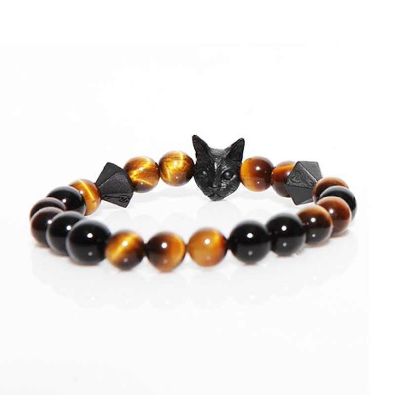 Regolith x KopoMetal Joint Cat Head Drill Bracelet - Yellow Tiger Eye / Black Agate