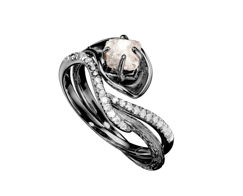 14k黑金鑽石鑽胚馬蹄蓮結婚戒指組合 海芋花原石密鑲求婚戒指套裝 - 對戒 - 鑽石 黑色