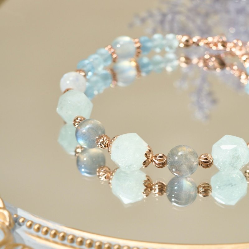 海藍寶 拉長石 天然水晶手鏈/水晶設計款 清晰表達 穩定情緒 - 手鍊/手環 - 水晶 藍色