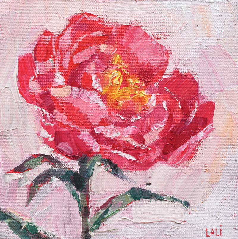 牡丹原創油畫 15x15cm 帆佈板 現代藝術 - 插畫/繪畫/寫字 - 其他材質 粉紅色