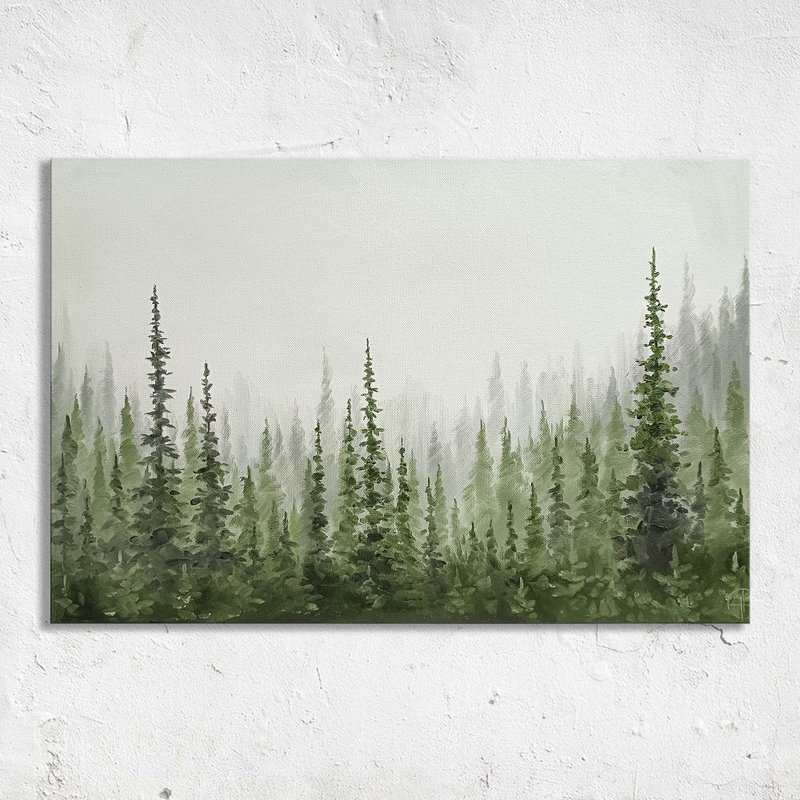 Evergreen Forest Oil Painting on Canvas Pine Trees Landscape Art by Nadya Ya - 海報/掛畫/掛布 - 其他材質 綠色