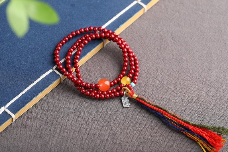 天然原礦硃砂精品紫金砂三圈手鏈 尺寸6mm左右 硃砂含量高達95% - 手鍊/手環 - 寶石