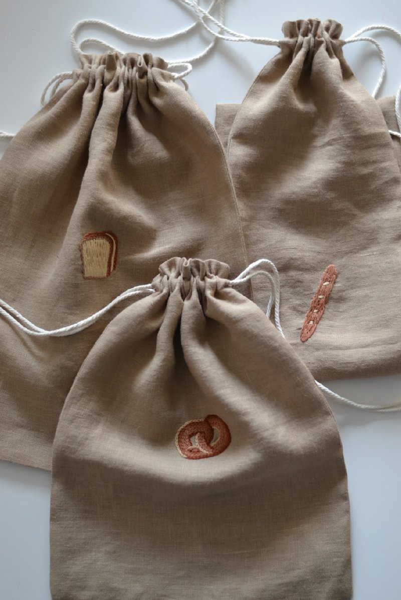 Eco baking bag set, linen reusable bags, home baking bags, embroidered bags - 束口袋/束口背包/水桶包 - 亞麻