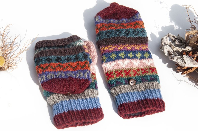 手織純羊毛針織手套/可拆卸保暖手套/內刷毛手套/觸控手套-櫻桃 - 手套 - 羊毛 多色