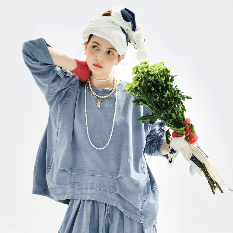 灰藍復古蝴蝶結水洗牛仔上衣 - 女上衣/長袖上衣 - 棉.麻 藍色