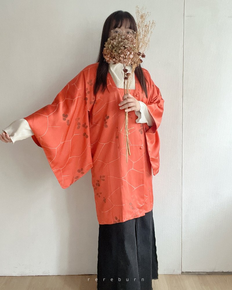 日本製和風印花薄款橘紅色古著道行和服外套 - 女大衣/外套 - 聚酯纖維