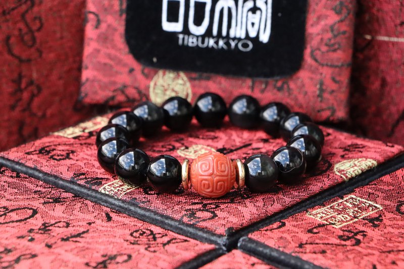 原礦天然黑曜石手珠 12mm 柿子紅南紅瑪瑙回紋珠 佛珠手鍊飾品 - 手鍊/手環 - 玉石