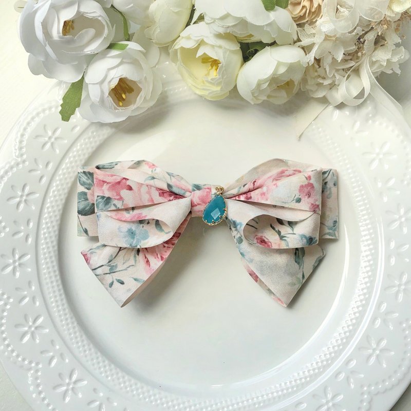 水墨花卉氣質大款蝴蝶結彈夾髮夾-米色 - 髮夾/髮圈 - 其他材質 黃色