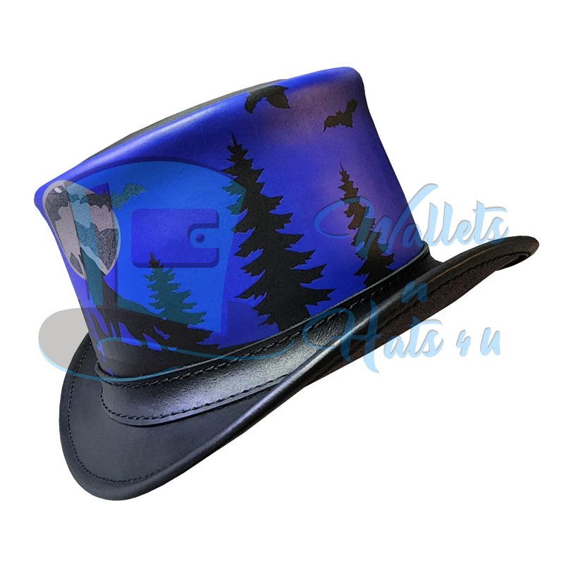 Howling Wolf Moon Steampunk Leather Top Hat - 帽子 - 真皮 黑色