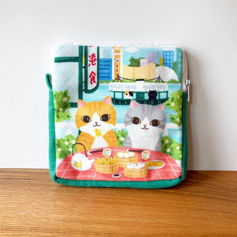 Meow 香港限定飲茶遊港方形化妝袋小物包 - Size L - 化妝包/收納袋 - 其他材質 綠色