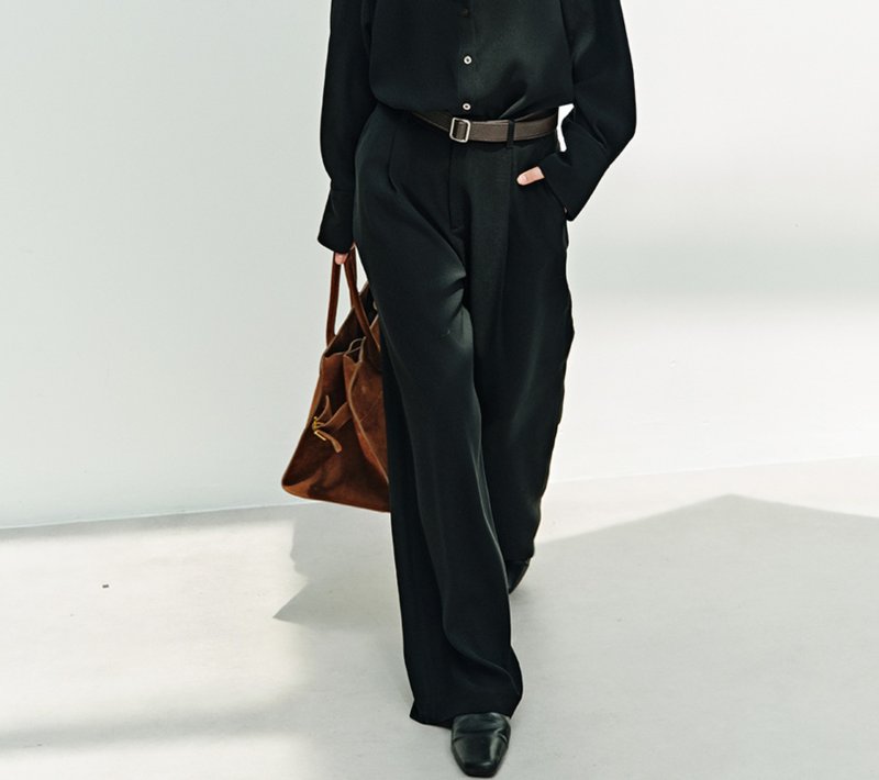 【經典甩甩褲】法式簡約 仿真絲顯瘦長褲 - 女長褲 - 其他材質 黑色