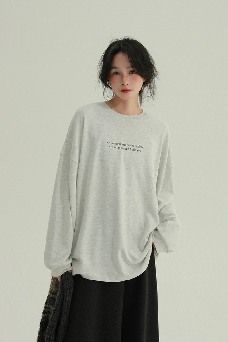 2顔色 磨毛雲感 字母寬鬆長袖T恤 文藝復古休閒舒適簡約上衣 - 女 T 恤 - 棉.麻 灰色