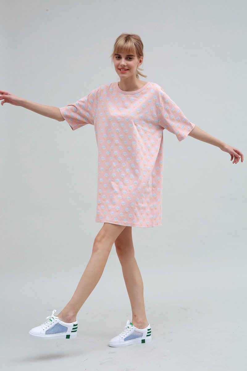 konke原创糖果冰淇淋五分袖LOGO趣味印花长T - 女 T 恤 - 棉.麻 粉紅色