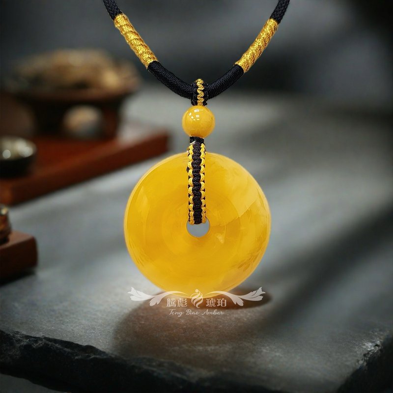 騰彪琥珀 天然琥珀蜜蠟 頂級焦皮料 飄花雞油黃蜜蠟 平安扣 項鍊 - 手鍊/手環 - 半寶石 橘色