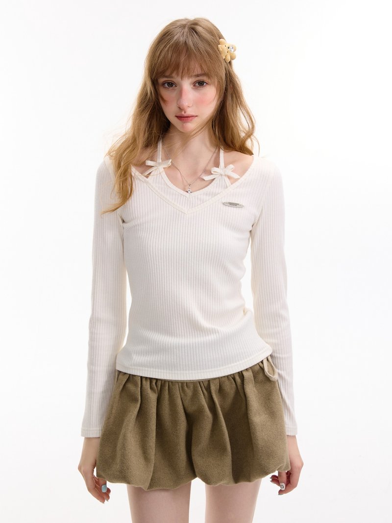 ziziFei秋冬季設計感蝴蝶結掛脖顯瘦上衣白色長袖T恤針織打底衫 - 女上衣/長袖上衣 - 其他材質 白色