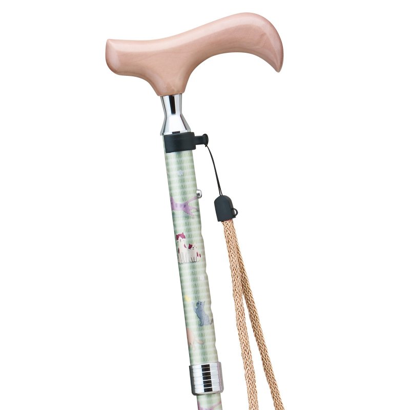 プリティキャッツ 猫柄 折りたたみアルミステッキ・ライトグリーン 75-85cm スリムネック 木製グリップ ストラップ 折りたたみホルダー - 其他 - 鋁合金 綠色