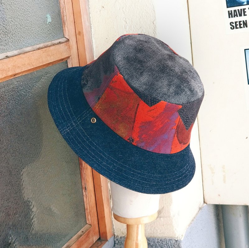 小牛村 手工帽 遮陽帽 男女漁夫帽 復古橘紅【仿古拼貼】 - 帽子 - 棉.麻 黑色