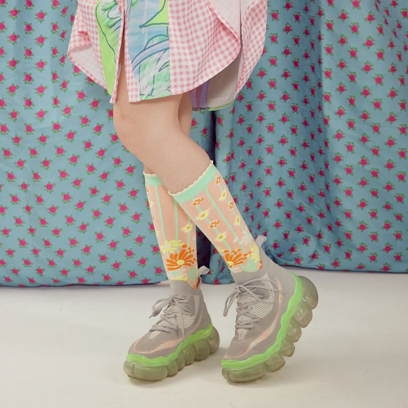 橘粉色條紋花朵提花邊少女中筒襪可愛百搭襪子 - 襪子 - 其他材質 多色