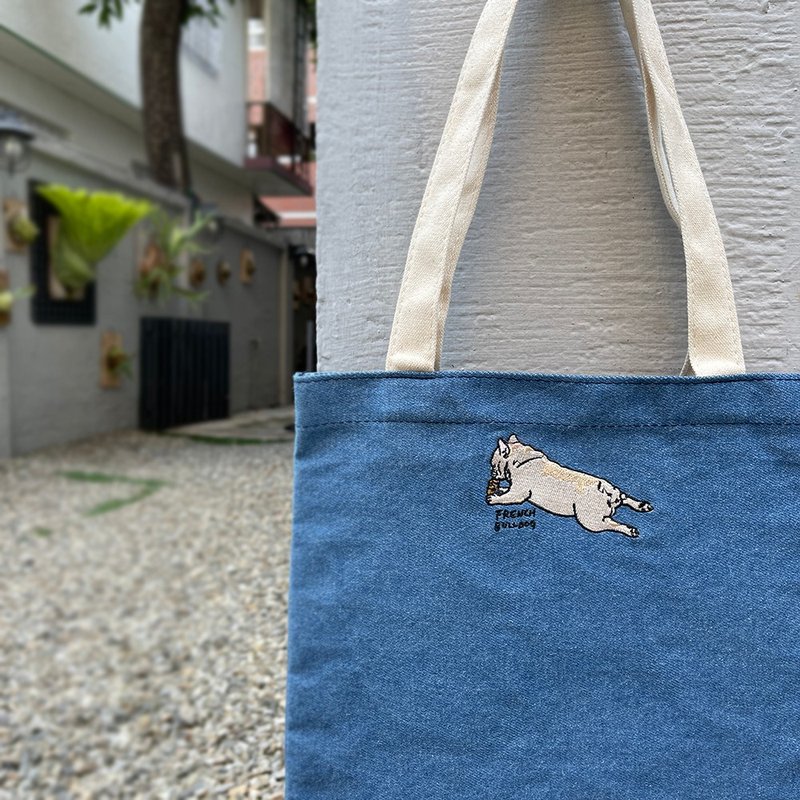 French Bulldog Embroidery Denim Canvas Bag