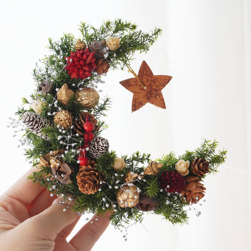 【聖誕材料包】月兒彎彎Xmas花圈/ 附簡易說明書電子檔 - 花藝/盆栽/植栽 - 植物.花