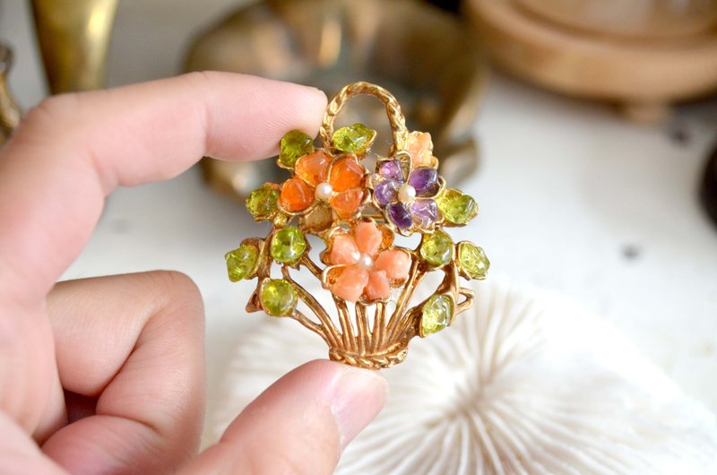復古鍍金托多色水晶花卉胸針 高貴優雅 日本二手中古珠寶首飾古著 - 胸針 - 水晶 多色