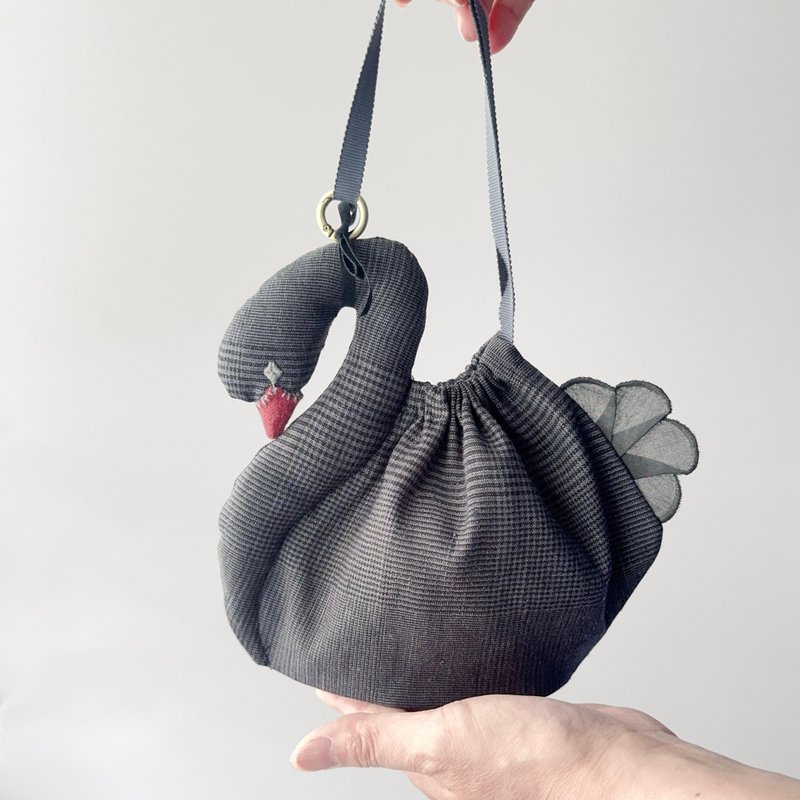 スワン【 ポーチ S 】黒鳥巾着 グレンチェック 30日程で発送 - 手提包/手提袋 - 棉.麻 灰色