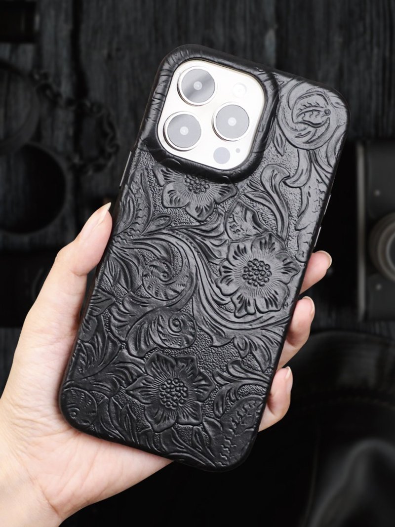 時尚簡約 iPhone 皮革手機殼 iPhone13 Pro / Pro Max 雕花雅黑 - 手機殼/手機套 - 真皮 黑色