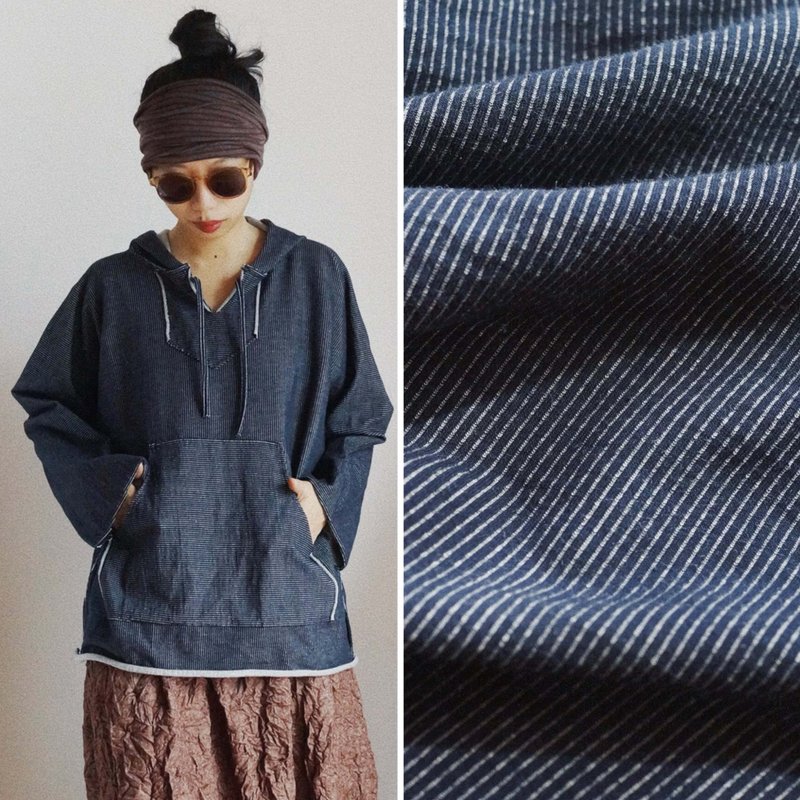 藏青白色條紋 Baja中性連帽長袖巴上衣 進口針織彈力面料 - 女大衣/外套 - 棉.麻 藍色