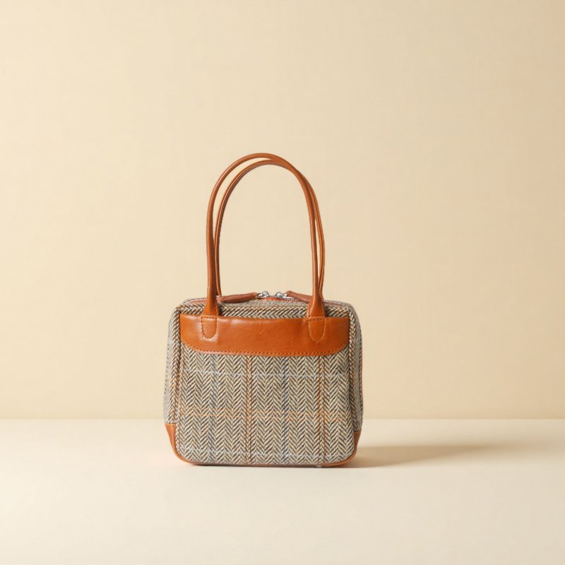 【羊毛拼皮醫生包】Harris Tweed真皮拼接手提包英倫氣質手作包 - 側背包/斜背包 - 真皮 橘色