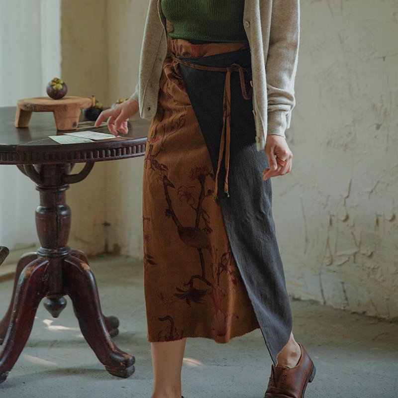 花黃色 設計感文藝復古香雲紗老布裹裙 天然植物染薯真絲長裙子 - 裙子/長裙 - 絲.絹 黃色