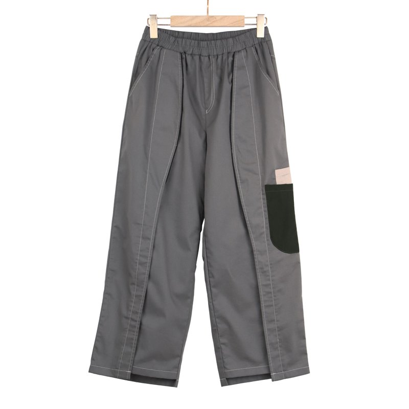 灰 - 袋拼色剪接車線綠條長褲 #U2057 - 女長褲 - 棉.麻 灰色