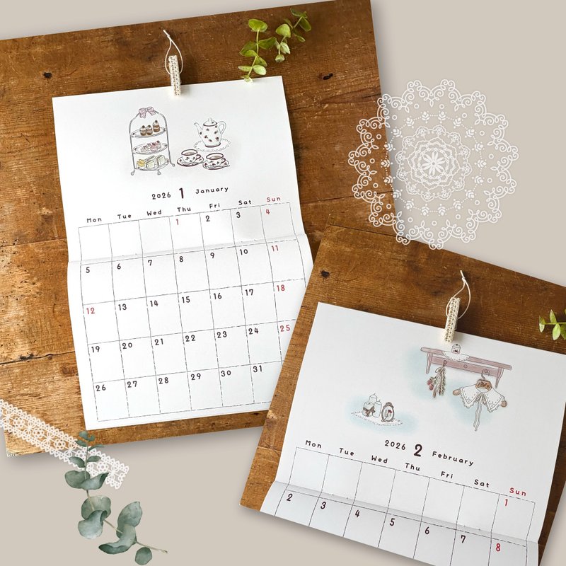 2026年カレンダー A4サイズ Lilac time オリジナル ナチュラルイラスト - 日曆/月曆/年曆 - 紙