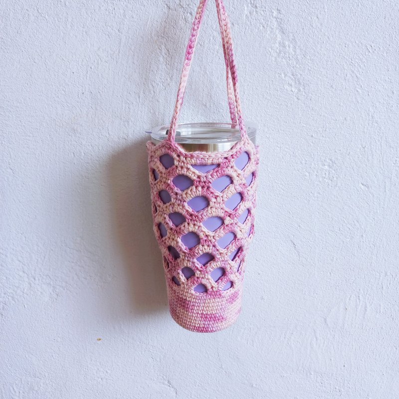 實底魚鱗網狀編織杯袋 純棉 杯套 飲料袋 杯袋 水壺袋 - 飲料提袋/杯套 - 棉.麻 粉紅色