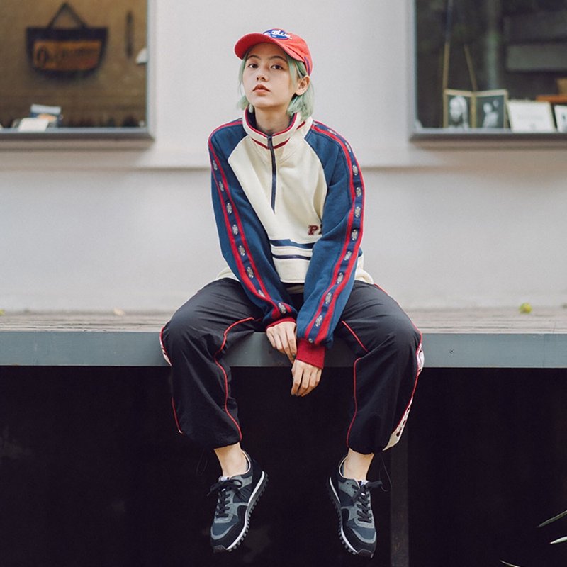 Splicing Contrast Pocket Sleeve Zipper Strings Sweater Racing Suit