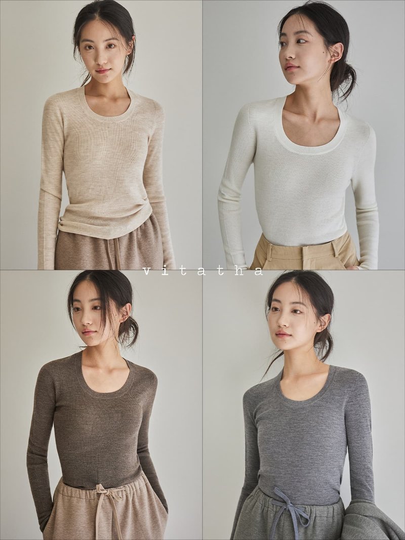 5顔色 浮光 秋冬德國揚子紗羊毛毛衣 U圓領內搭針織衫 - 女毛衣/針織衫 - 羊毛 白色