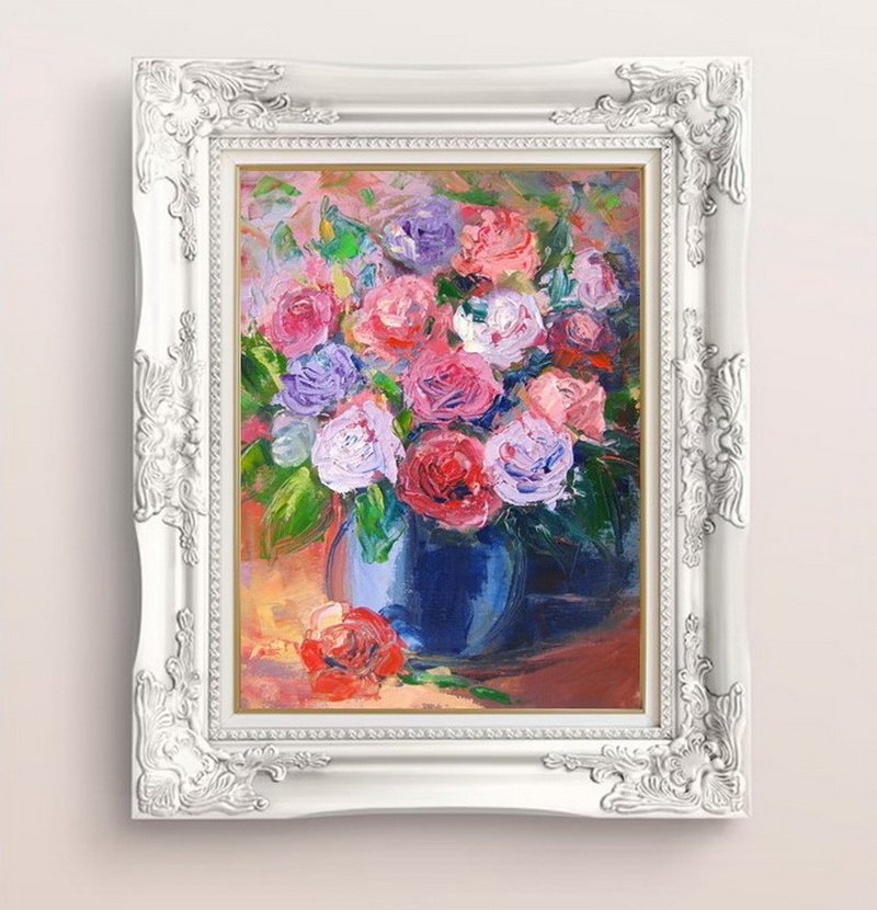 Abstract rose flower bouquet impasto painting small size home wall decoration - 壁貼/牆壁裝飾 - 其他材質 多色