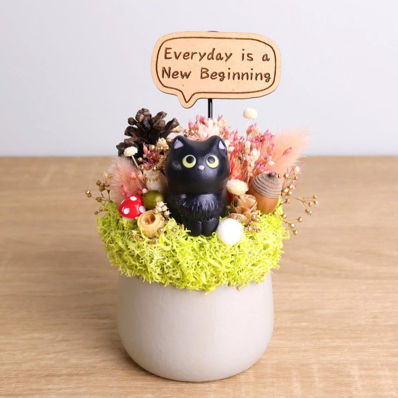 小黑貓 乾燥花盆栽 客製化字牌 可夾卡片 聖誕 耶誕 交換禮物 - 乾燥花/永生花 - 木頭 黑色