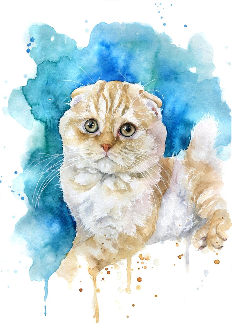Custom Watercolor Cat Portrait 8x11 - 似顏繪/客製畫 - 紙 藍色