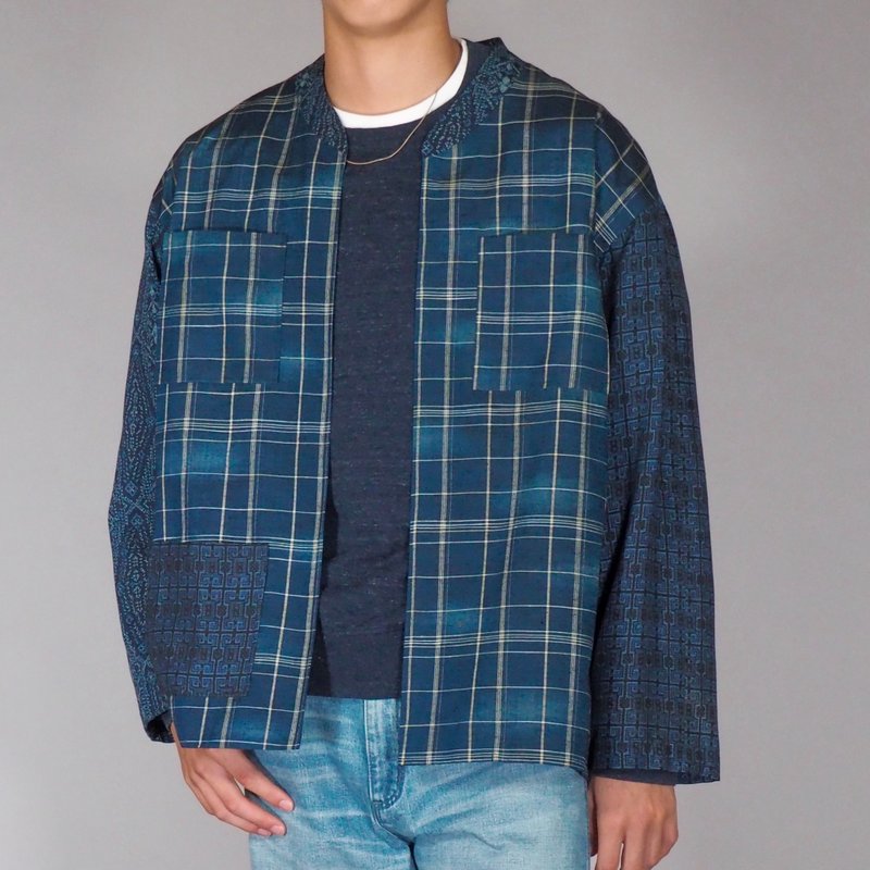 【日本製造】復古和服翻拍長袖襯衫男、靛藍、拼布 - 男襯衫/休閒襯衫 - 絲.絹 藍色