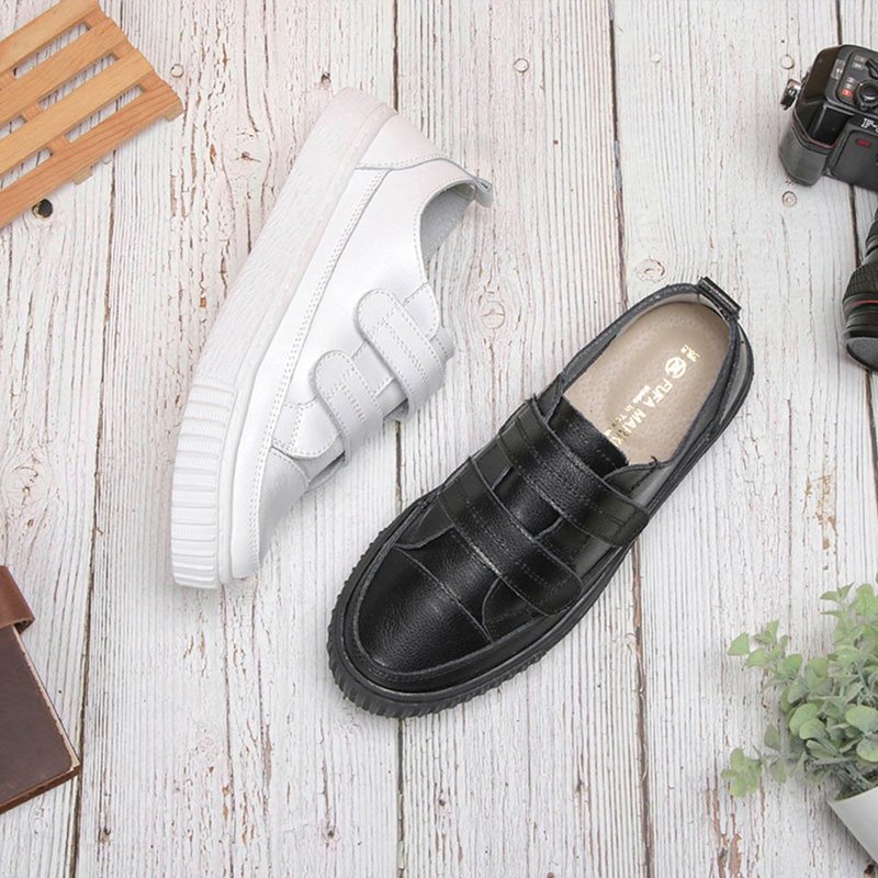 雙帶魔鬼氈真皮休閒鞋-全黑/全白 8059L - 女休閒鞋/帆布鞋 - 真皮 白色