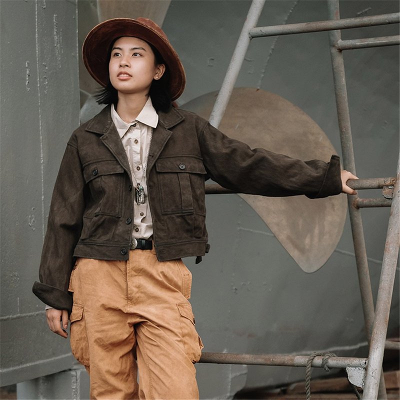 栗咖色 2色 100%棉質中性寬鬆飛行員夾克 顆粒感劍道服工裝外套 - 女大衣/外套 - 棉.麻 咖啡色