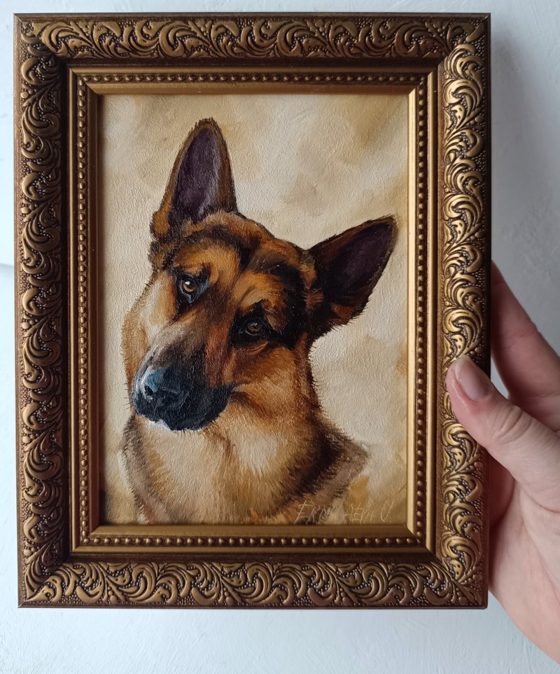 德國牧羊犬油畫 狗狗肖像 寵物 原創作品 13×18 厘米 - 壁貼/牆壁裝飾 - 其他材質 咖啡色