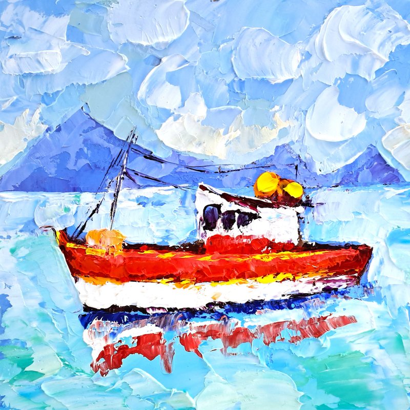 Sailboat Painting Greece Original Art Boat Impasto Oil Painting