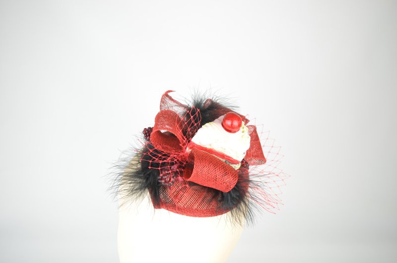 Headpiece Cocktail Hat Cherry Vintage Cake, Raspberries, Cascading Feathers Veil - 髮夾/髮圈 - 其他材質 紅色