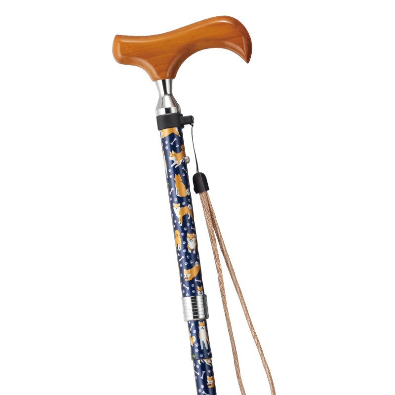 ラブリードッグ 犬柄 折りたたみアルミステッキ・濃紺 75-85cm スリムネック 木製グリップ ストラップ 折りたたみホルダー - 其他 - 鋁合金 藍色