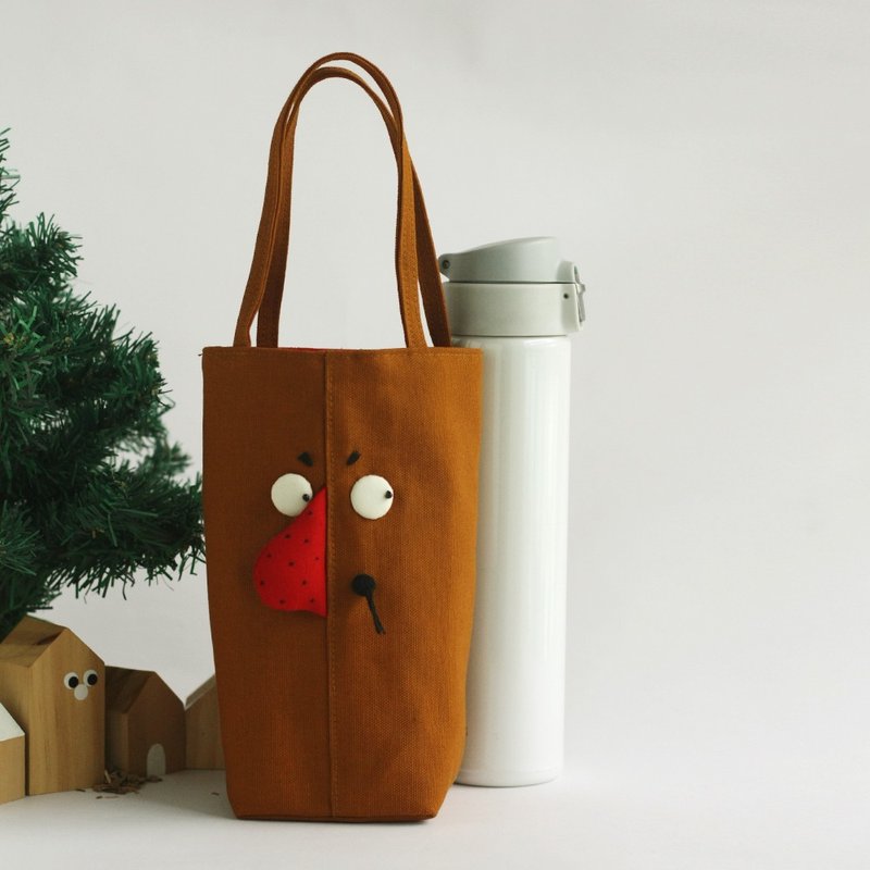 我不醜好可愛/微刺繡/飲料提袋 - 飲料提袋/杯套 - 棉.麻 咖啡色