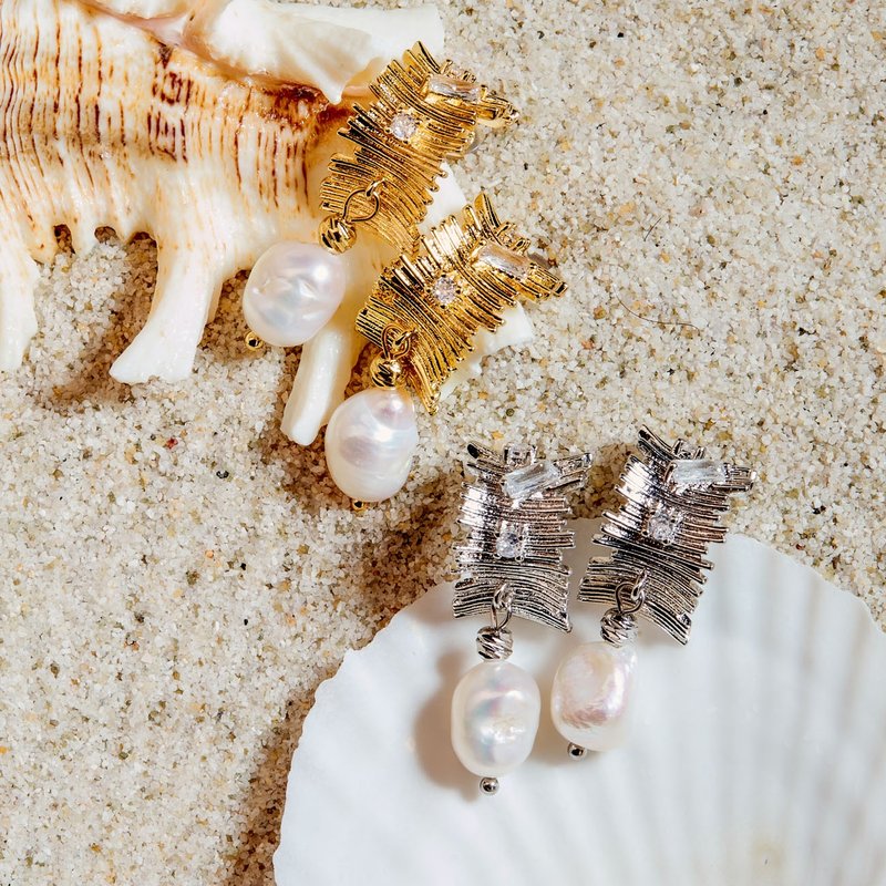 天然白色巴洛克珍珠金銀條紋耳環 8–10mm 精緻日系 情人節禮物 - 耳環/耳夾/耳骨夾 - 珍珠