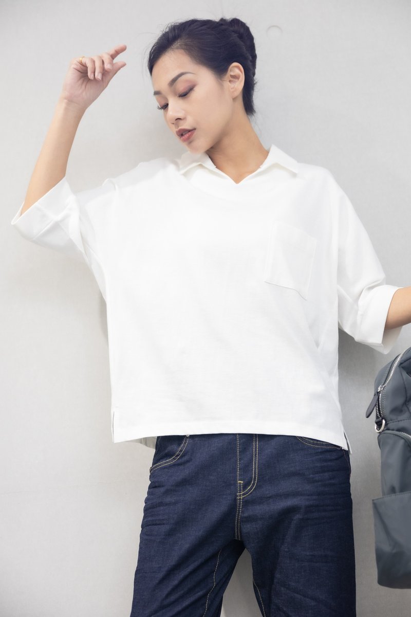 襯衫領單口袋下擺開衩上衣 白色 - 女 T 恤 - 其他材質 白色