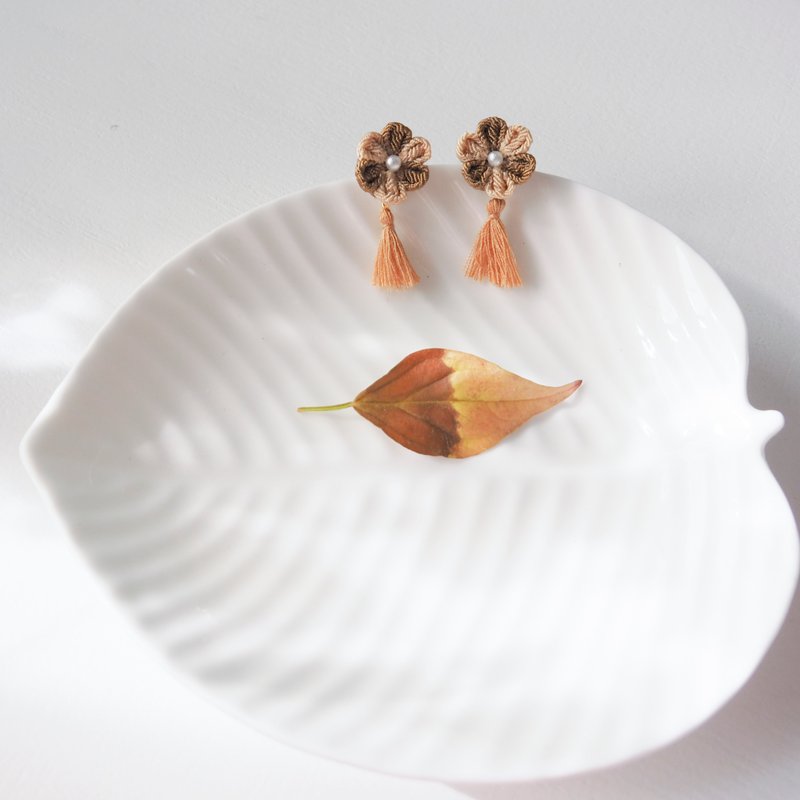 Tan and Woody Brown Fabric Flower and Tassel Earrings Clip-on 14KGF, S925 custom